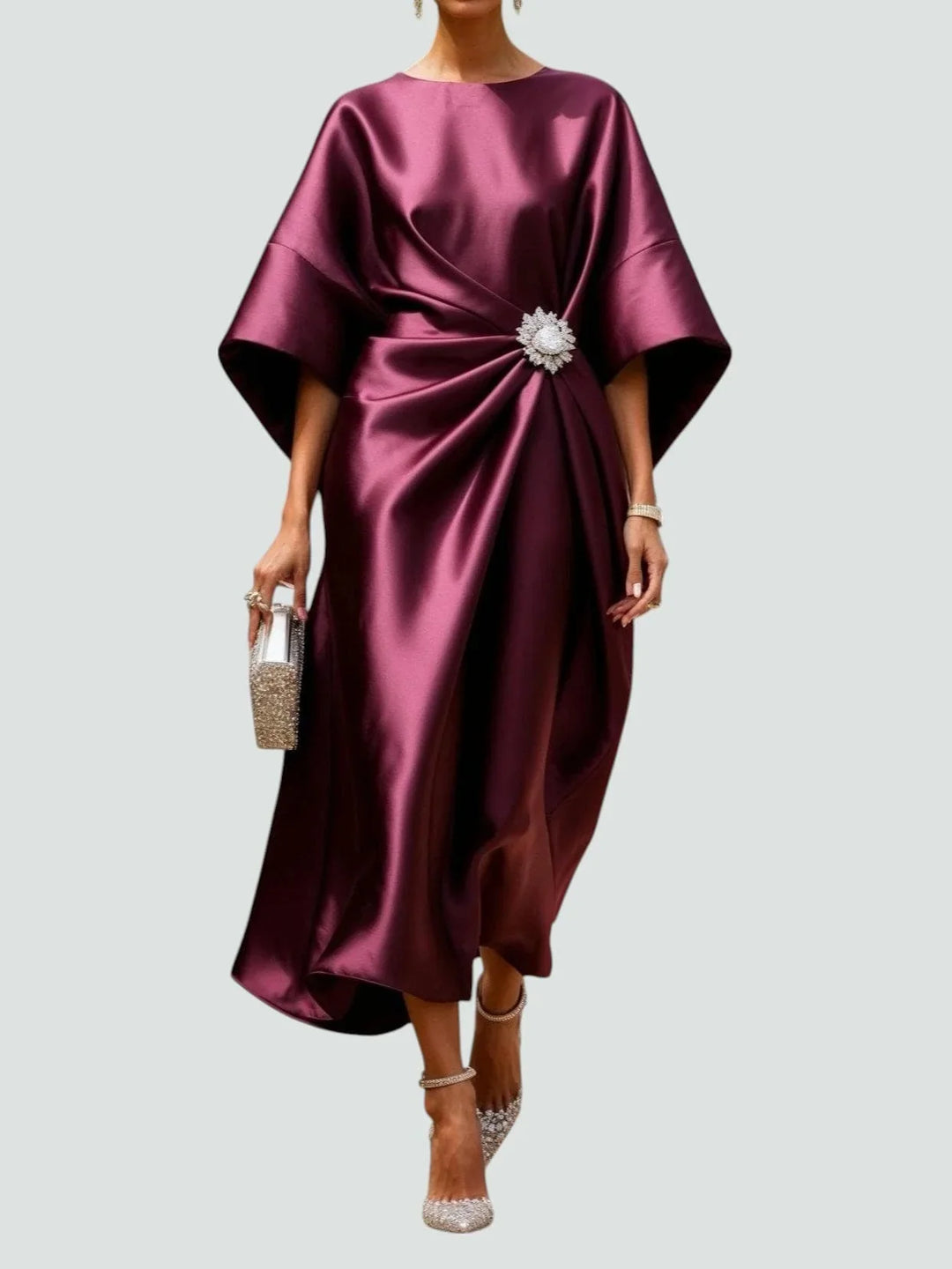 Vivienne | Draped Ruched Evening Occasion Midi Dress with Batwing Sleeves and Brooch
