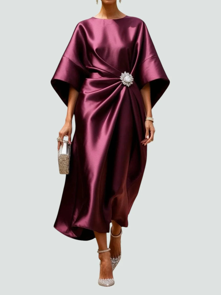 Vivienne | Draped Ruched Evening Occasion Midi Dress with Batwing Sleeves and Brooch