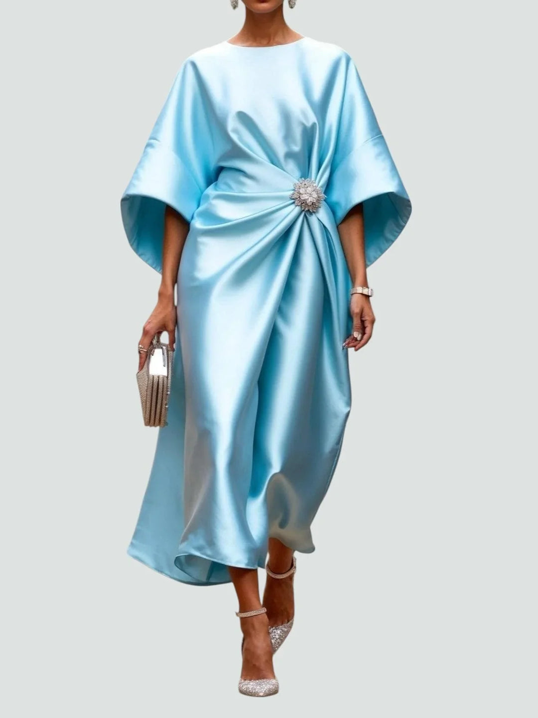 Vivienne | Draped Ruched Evening Occasion Midi Dress with Batwing Sleeves and Brooch
