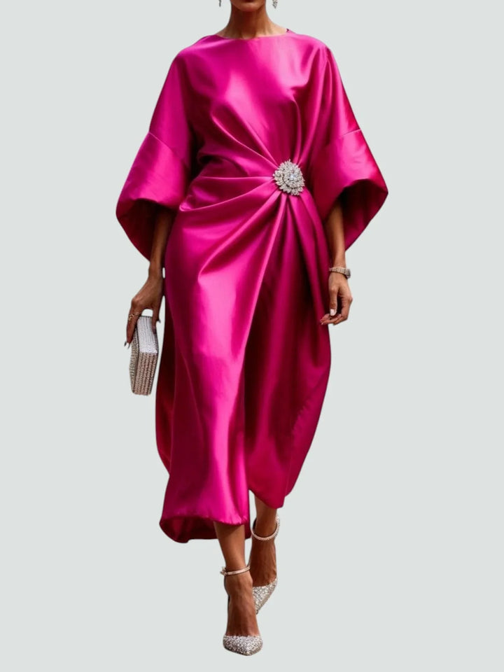 Vivienne | Draped Ruched Evening Occasion Midi Dress with Batwing Sleeves and Brooch