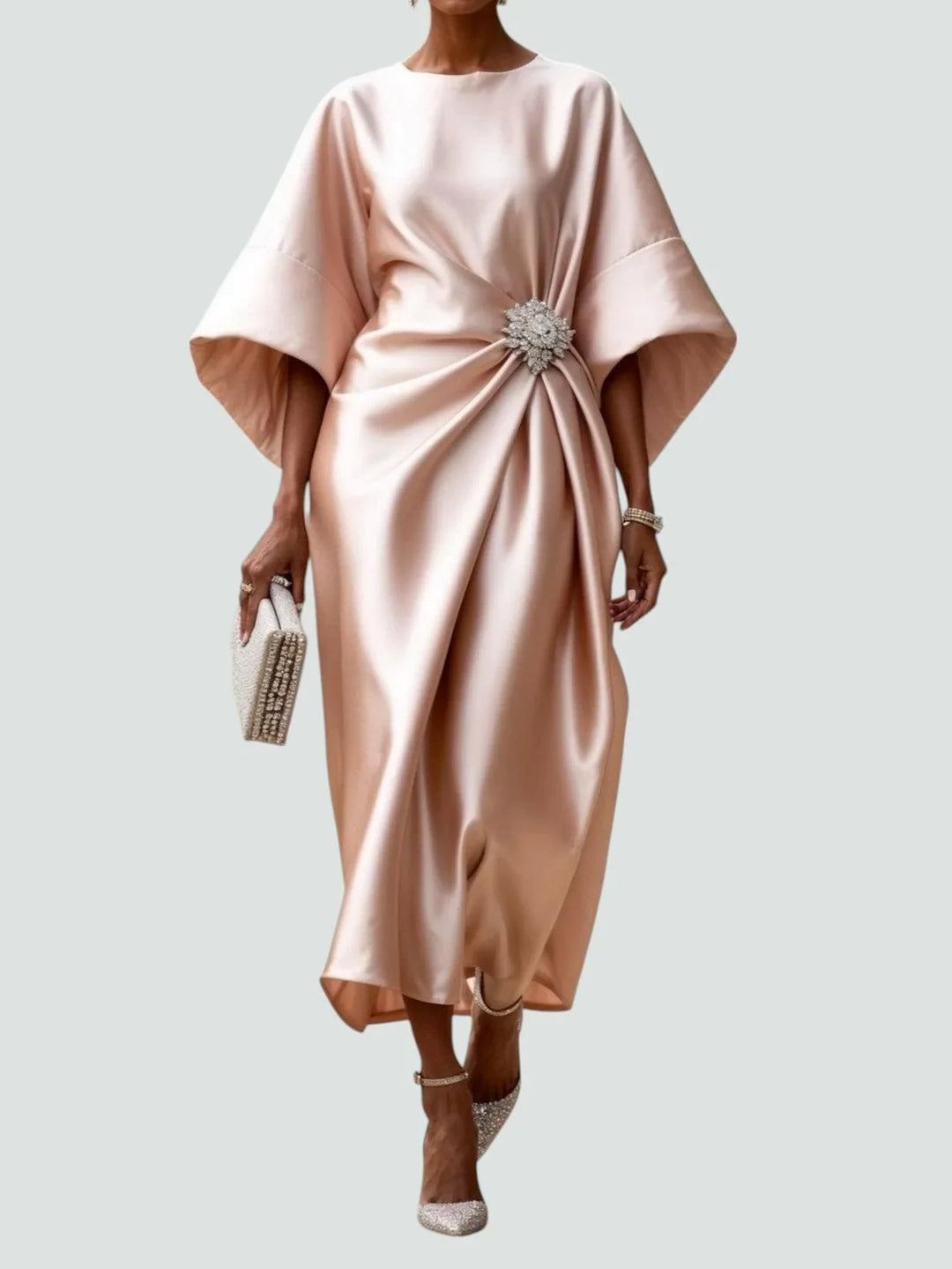 Vivienne | Draped Ruched Evening Occasion Midi Dress with Batwing Sleeves and Brooch
