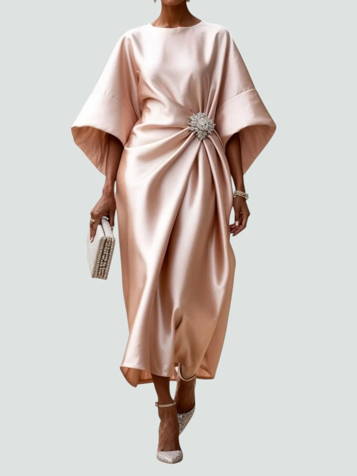 Vivienne | Draped Ruched Evening Occasion Midi Dress with Batwing Sleeves and Brooch
