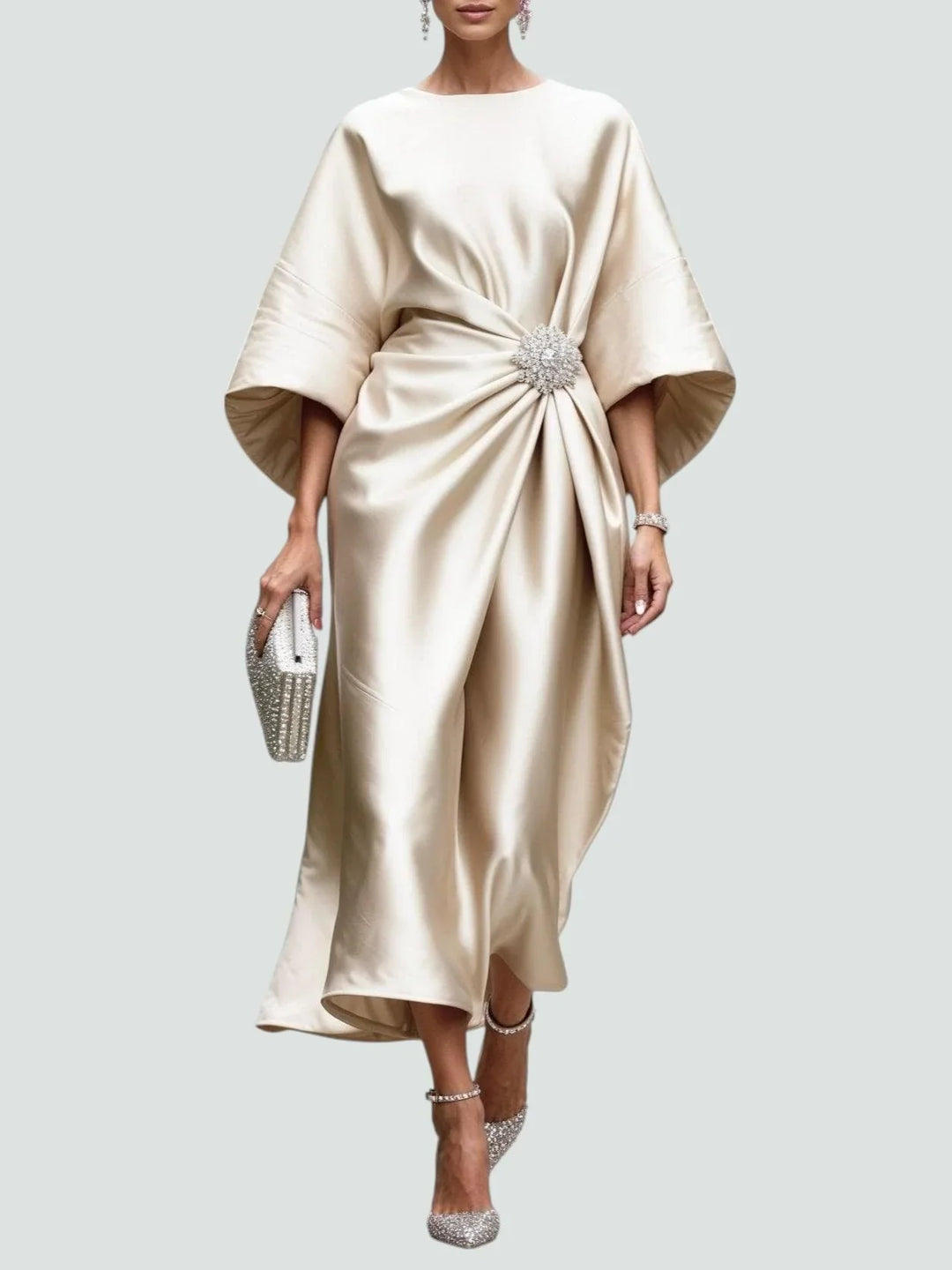 Vivienne | Draped Ruched Evening Occasion Midi Dress with Batwing Sleeves and Brooch