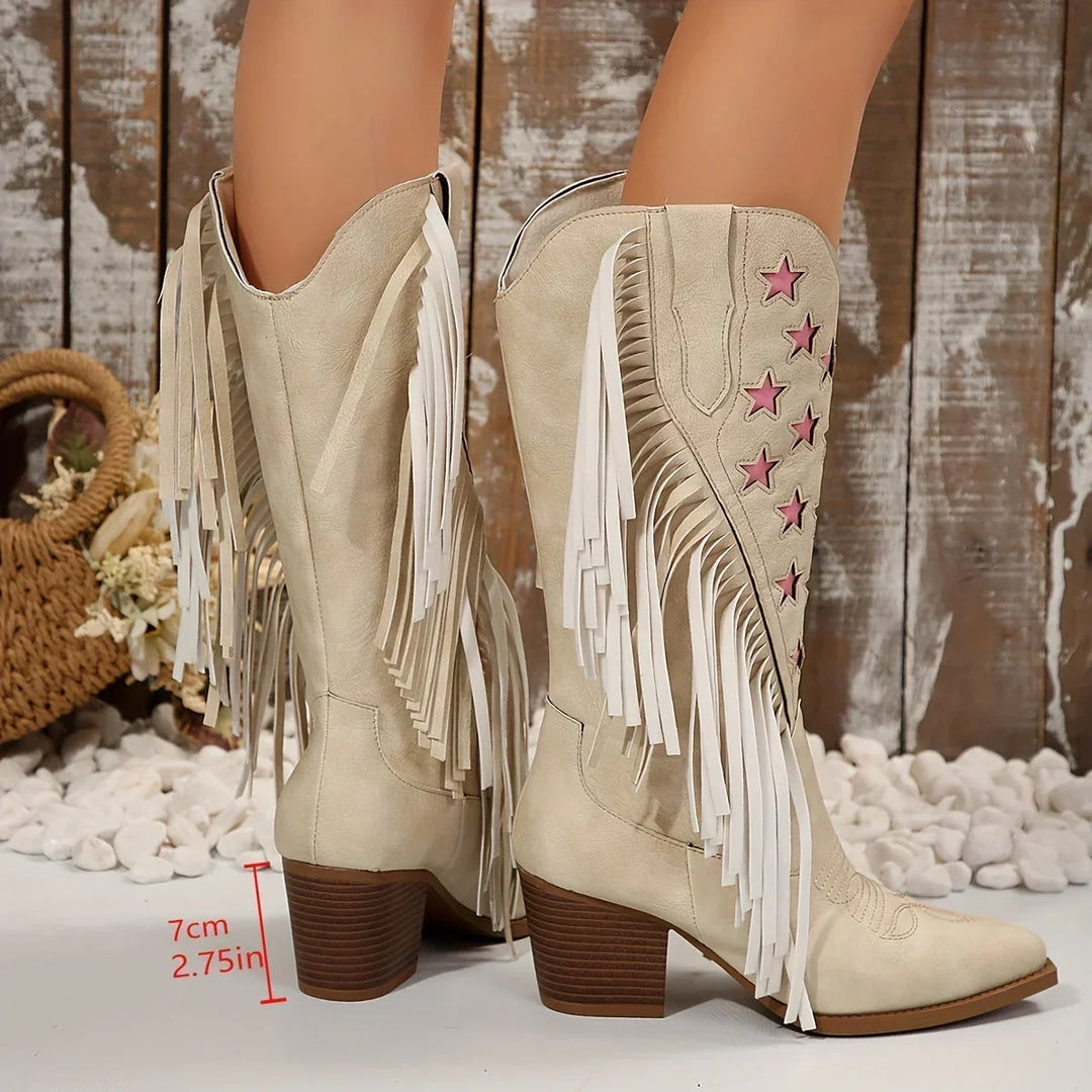 Western Boots For Women | Block Heel Fringe Star Knee-High