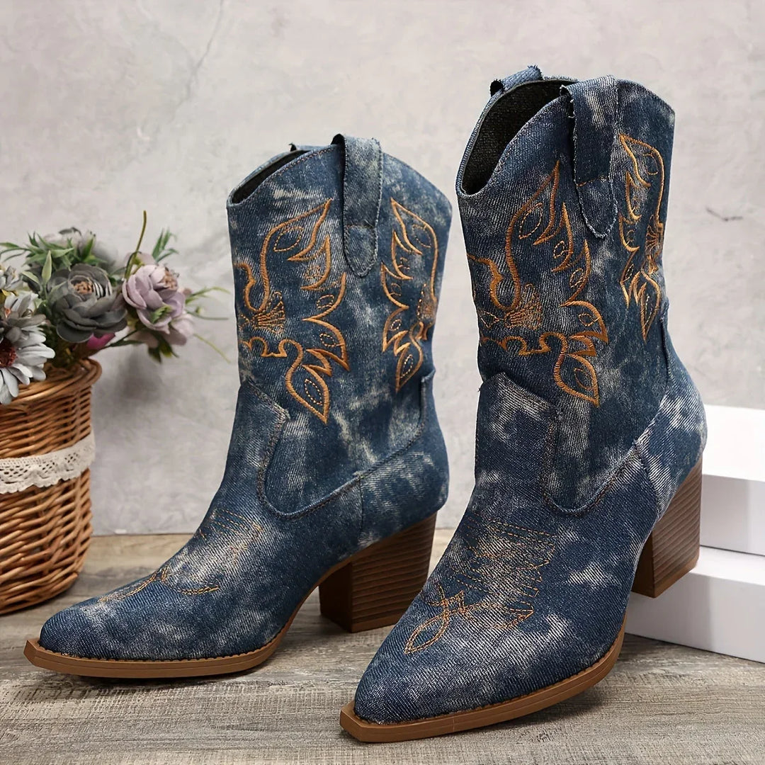 Western Boots For Women | Denim Block Heel Pointed Toe