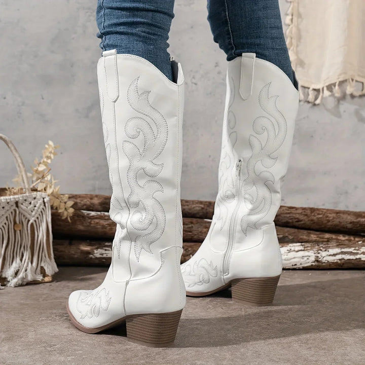 Western Boots For Women | Knee-High Block Heel Side Zip Embroidery