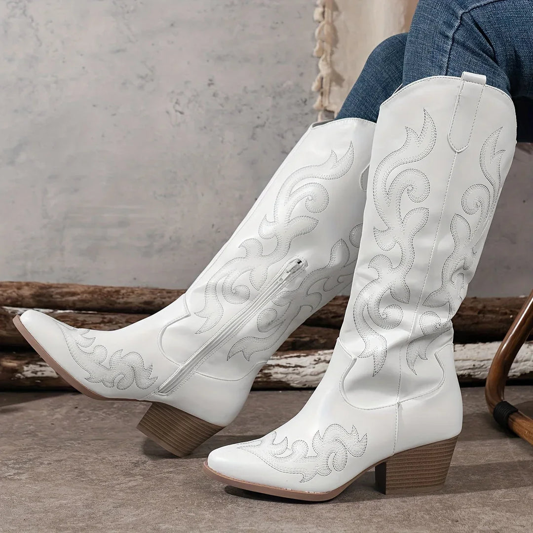 Western Boots For Women | Knee-High Block Heel Side Zip Embroidery