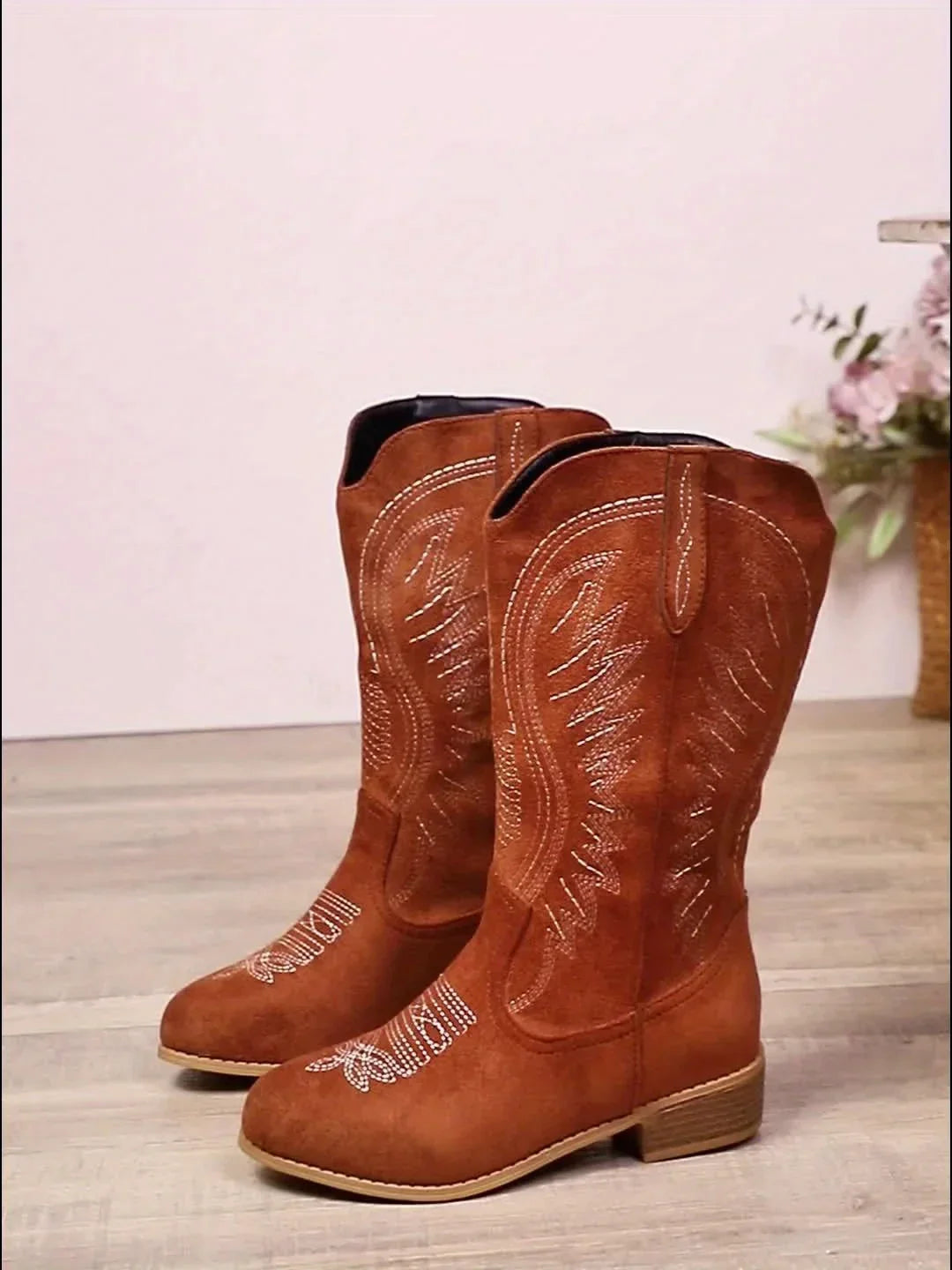 Western Boots For Women | Mid Calf Embroidered Stacked Heel