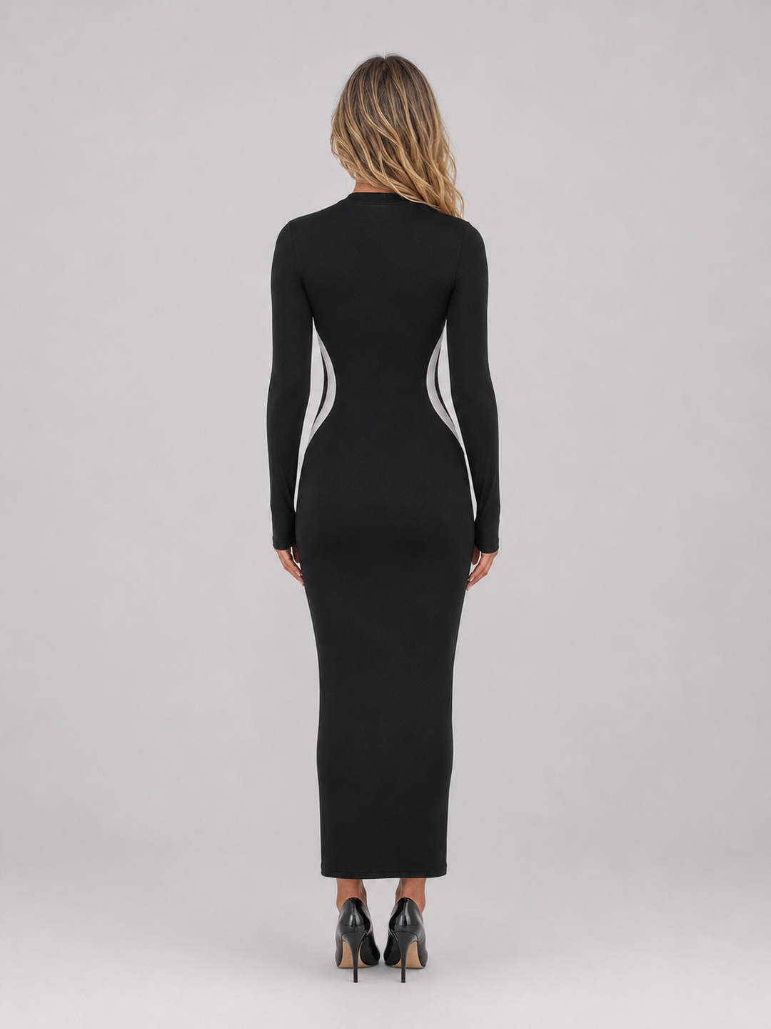 Black Slim-Fit Maxi Dress for Women – Long Sleeves, Curved Side Cut-Outs, Round Neck
