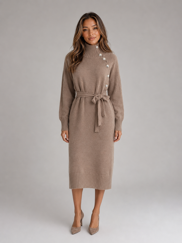 Cotton Knit Midi Sweater Dress for Women – Roll Neck, Tie Belt, Shoulder Buttons