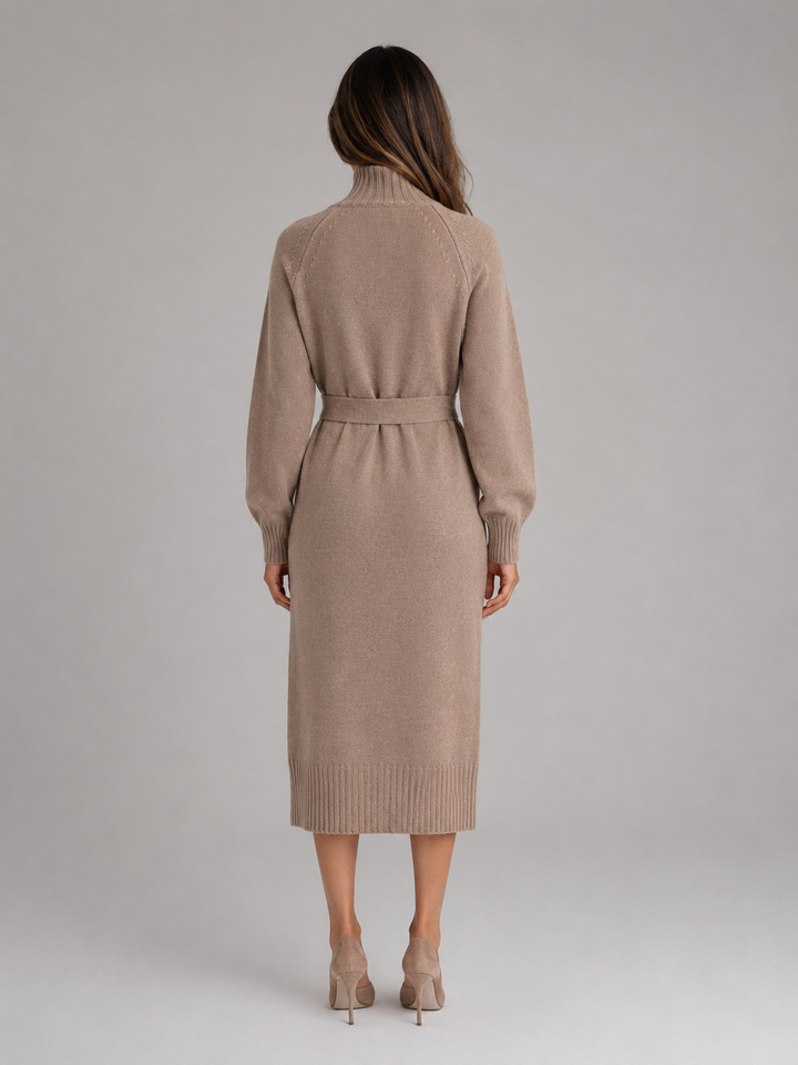 Cotton Knit Midi Sweater Dress for Women – Roll Neck, Tie Belt, Shoulder Buttons