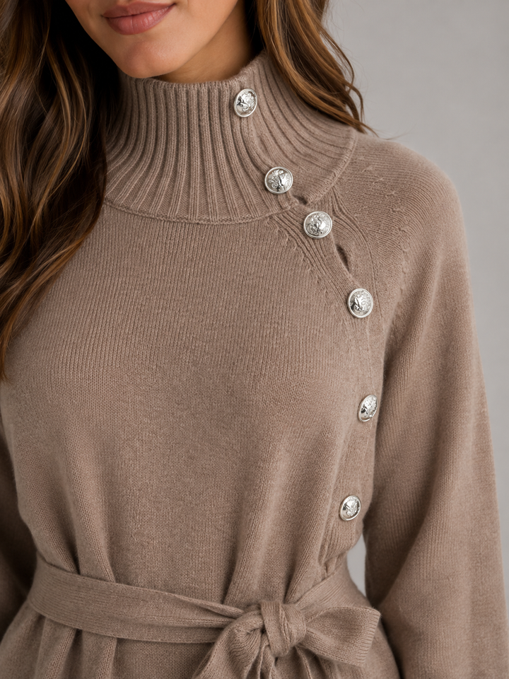 Cotton Knit Midi Sweater Dress for Women – Roll Neck, Tie Belt, Shoulder Buttons