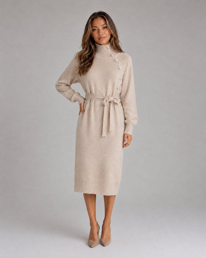 Cotton Knit Midi Sweater Dress for Women – Roll Neck, Tie Belt, Shoulder Buttons