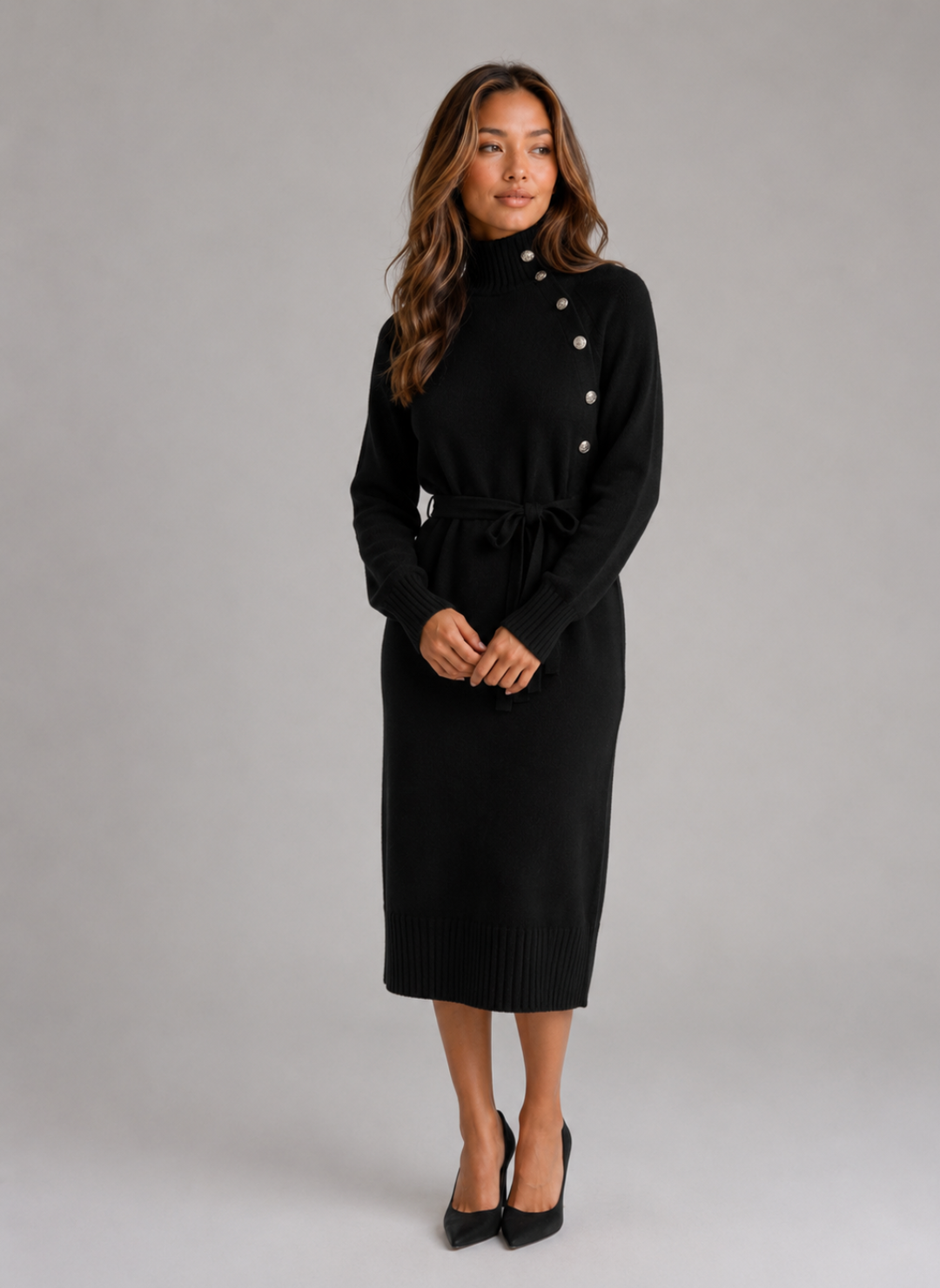 Cotton Knit Midi Sweater Dress for Women – Roll Neck, Tie Belt, Shoulder Buttons