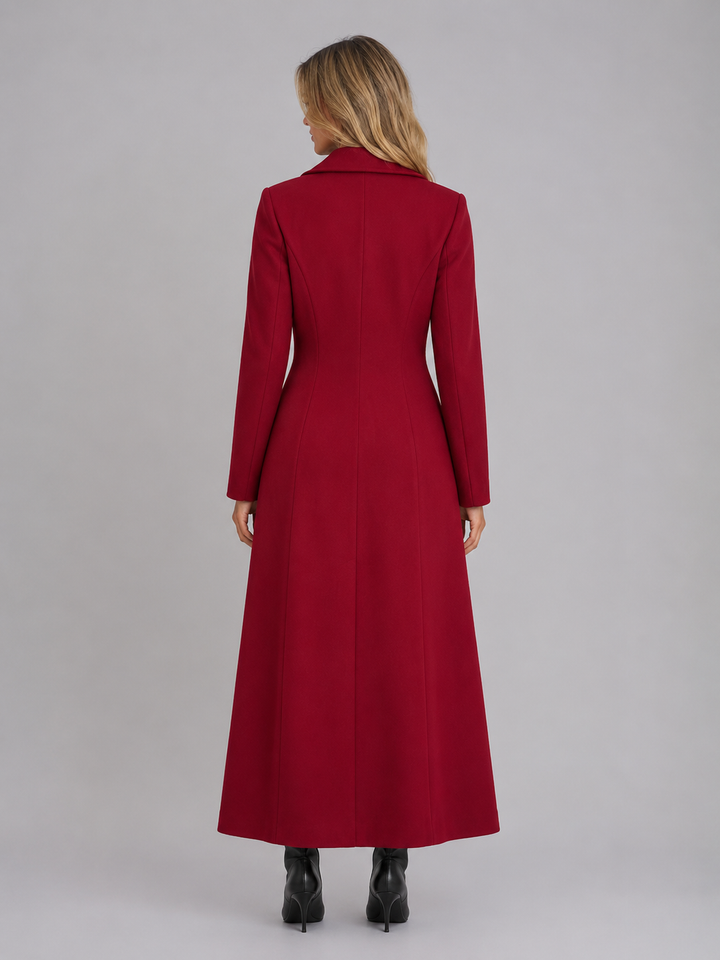 Maxi Double-Breasted Overcoat for Women – Fitted Waist, Notched Lapels in Red