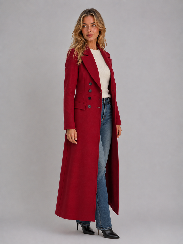 Maxi Double-Breasted Overcoat for Women – Fitted Waist, Notched Lapels in Red