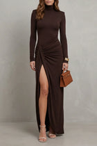 Women's Dress | Maxi Long Sleeve High Neck Ruched Slit