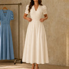 Women's Dress | Midi V-Neck Puff Sleeve Ruched Waist