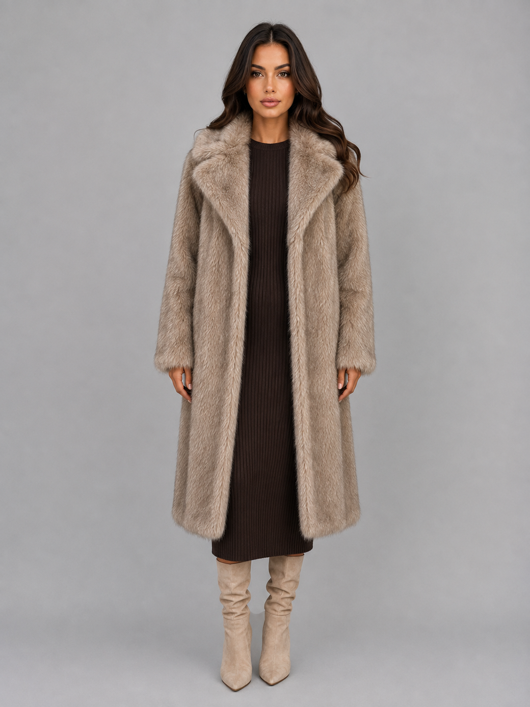 Oversized Longline Faux Fur Coat for Women – Statement Collar, Plush Texture