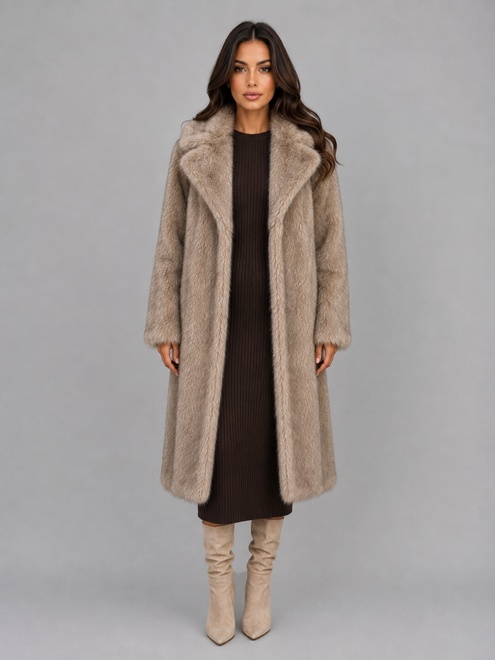 Oversized Longline Faux Fur Coat for Women – Statement Collar, Plush Texture