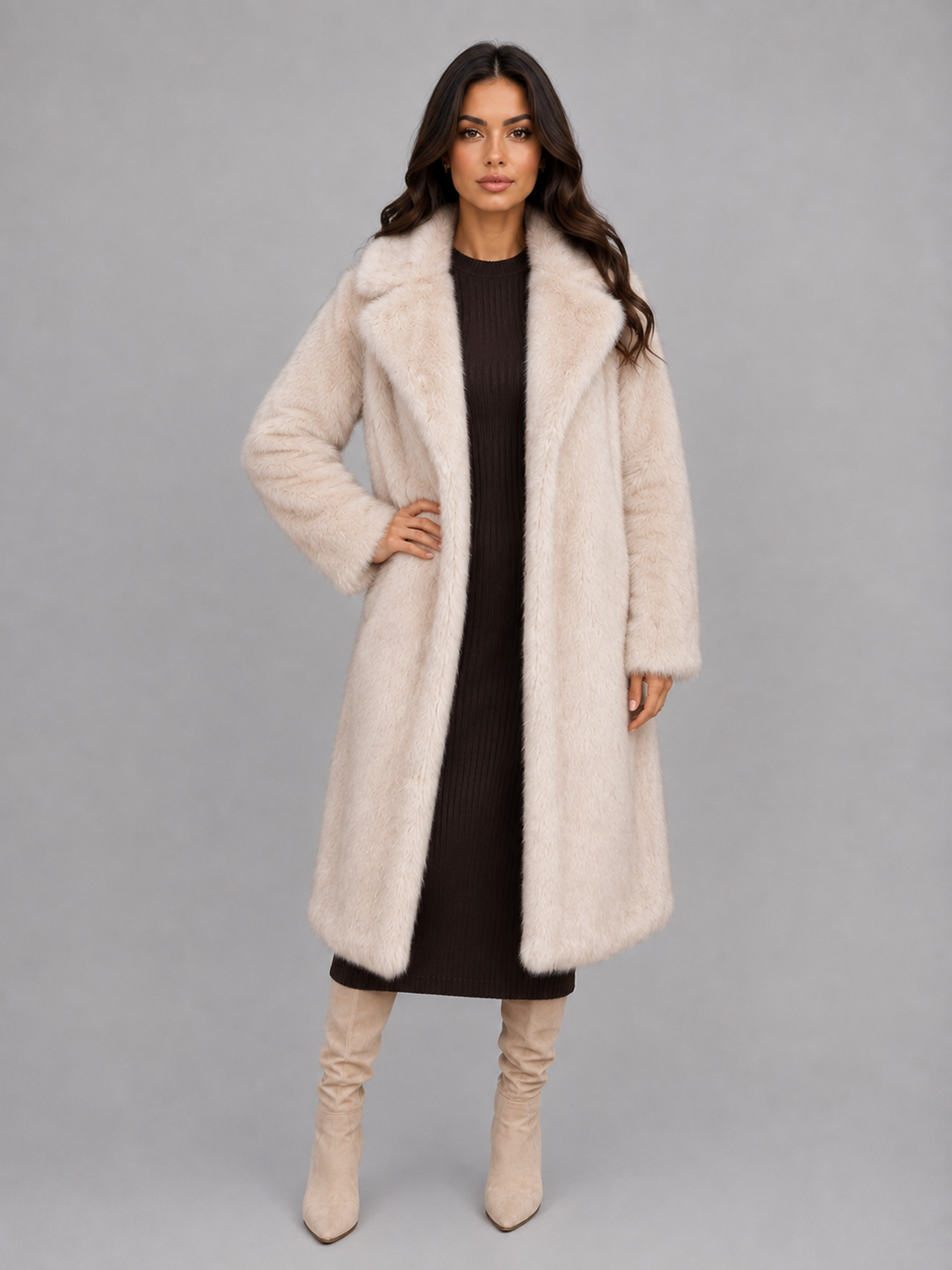 Oversized Longline Faux Fur Coat for Women – Statement Collar, Plush Texture