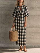 Women's Gingham Dress | Maxi Keyhole Tie Neck Raglan Short Sleeve