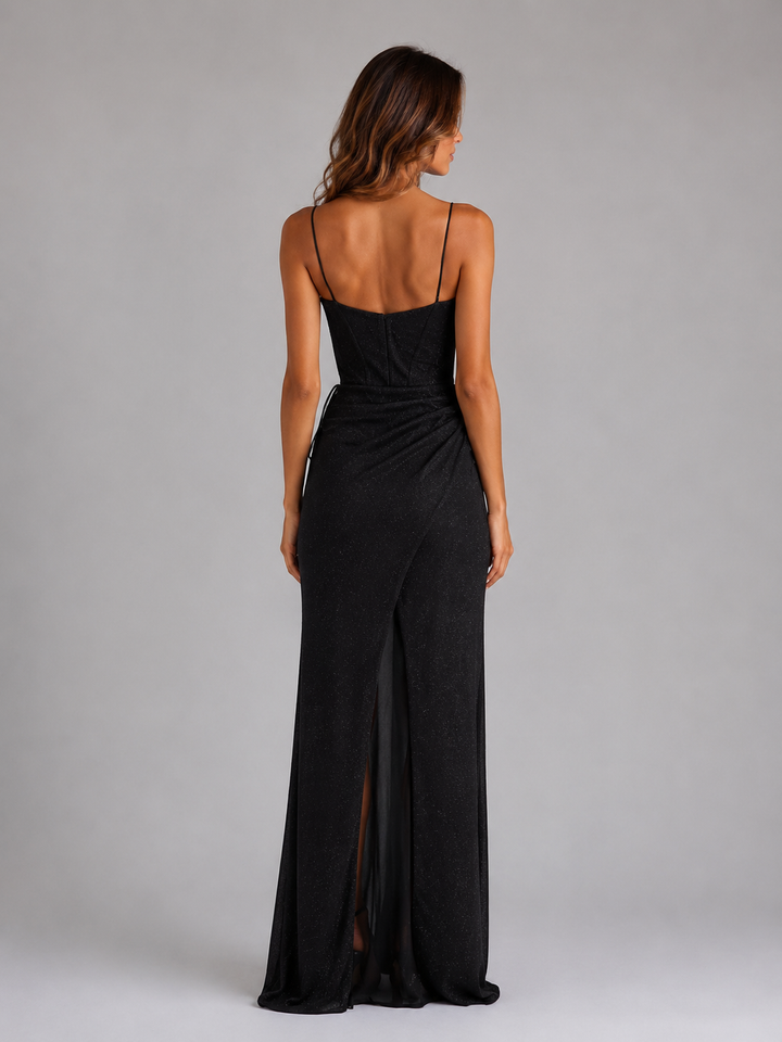 Shimmer Corset-Style Maxi Dress for Women – Cowl Neck, Ruched Skirt, Thigh Split