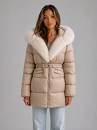 Hip-Length Belted Puffer Jacket for Women – Faux Fur Trim Hood, Zip Pockets
