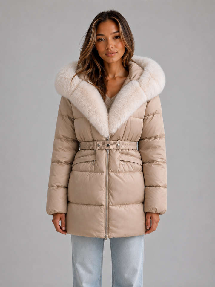Hip-Length Belted Puffer Jacket for Women – Faux Fur Trim Hood, Zip Pockets