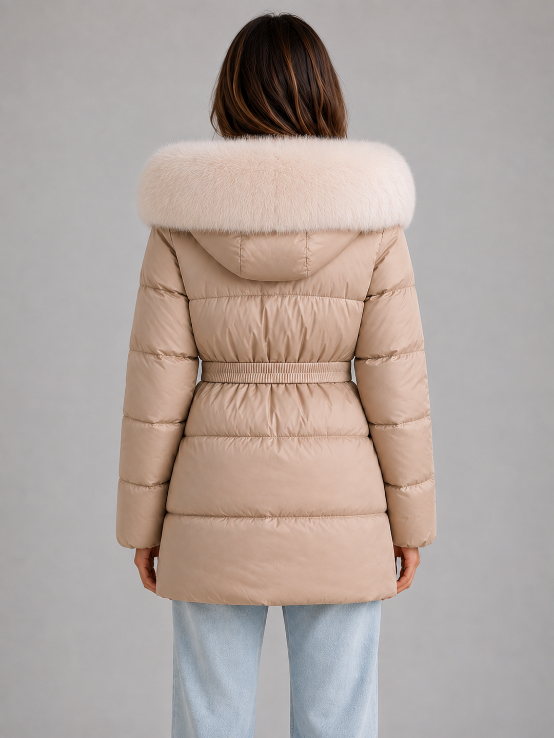 Hip-Length Belted Puffer Jacket for Women – Faux Fur Trim Hood, Zip Pockets