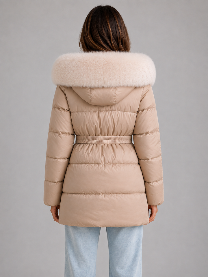 Hip-Length Belted Puffer Jacket for Women – Faux Fur Trim Hood, Zip Pockets