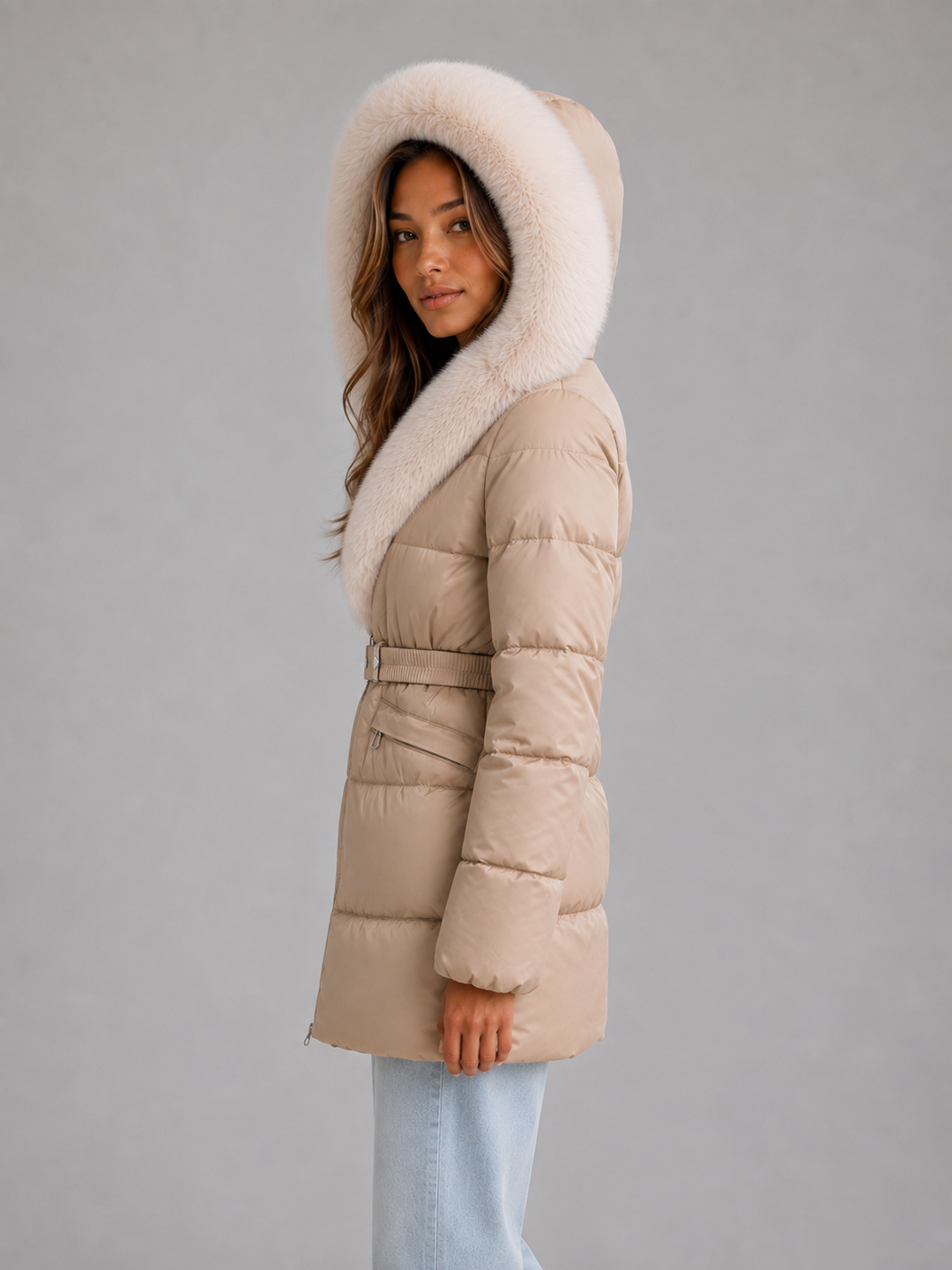 Hip-Length Belted Puffer Jacket for Women – Faux Fur Trim Hood, Zip Pockets