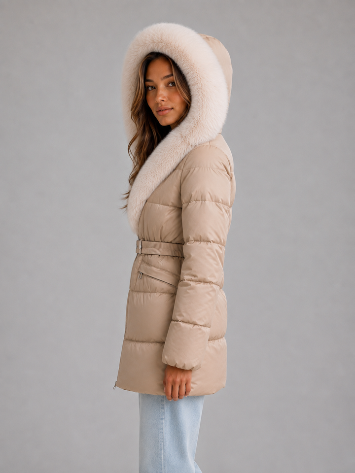 Hip-Length Belted Puffer Jacket for Women – Faux Fur Trim Hood, Zip Pockets