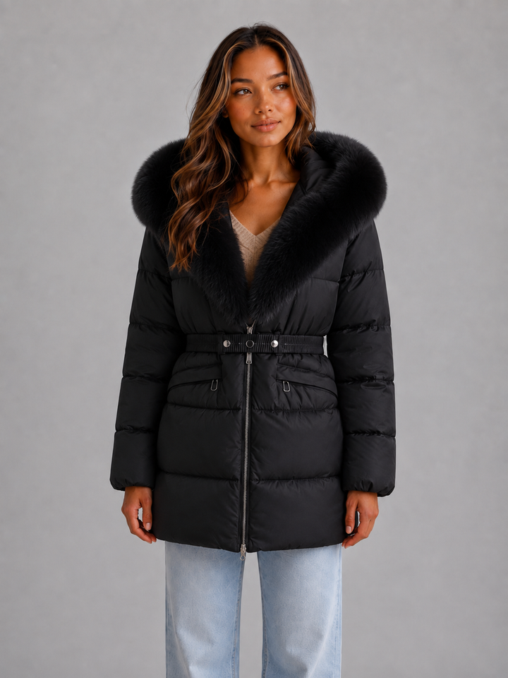 Hip-Length Belted Puffer Jacket for Women – Faux Fur Trim Hood, Zip Pockets