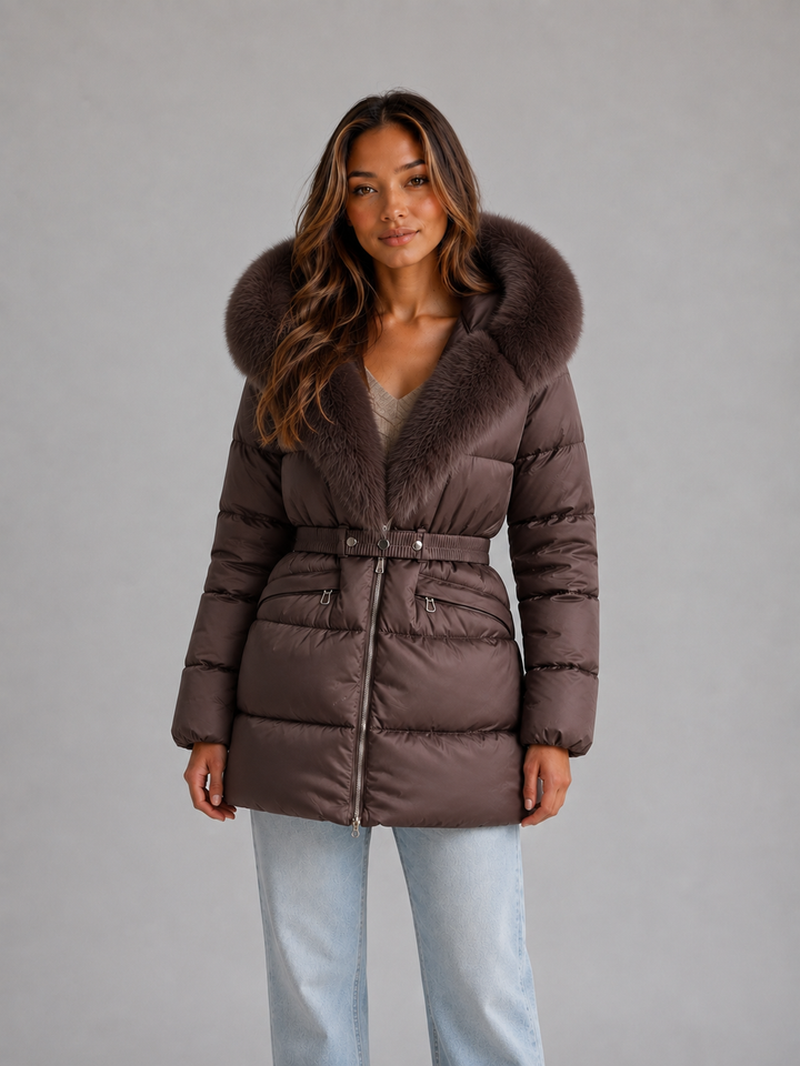 Hip-Length Belted Puffer Jacket for Women – Faux Fur Trim Hood, Zip Pockets