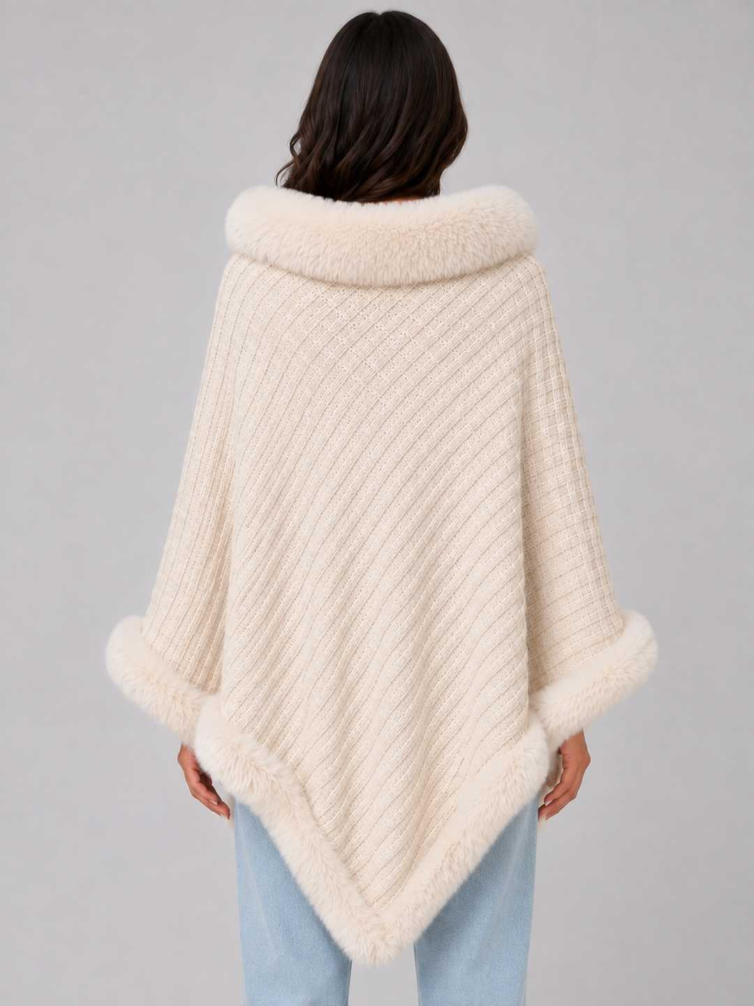 Knitted Poncho Cape for Women – Faux Fur Trim, Textured Knit, Wide Arm Openings