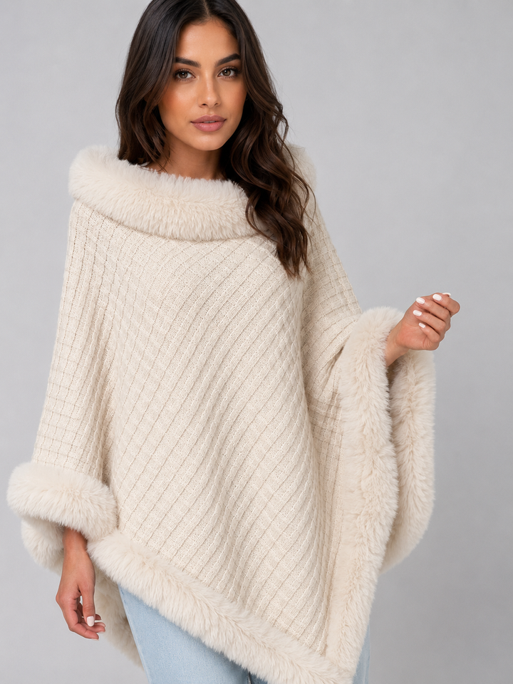 Knitted Poncho Cape for Women – Faux Fur Trim, Textured Knit, Wide Arm Openings