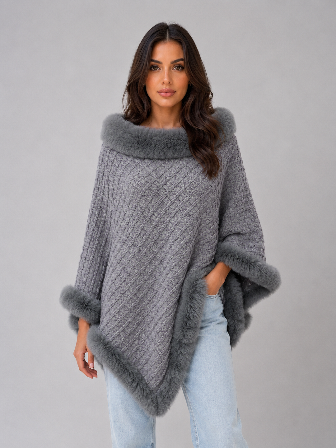 Knitted Poncho Cape for Women – Faux Fur Trim, Textured Knit, Wide Arm Openings