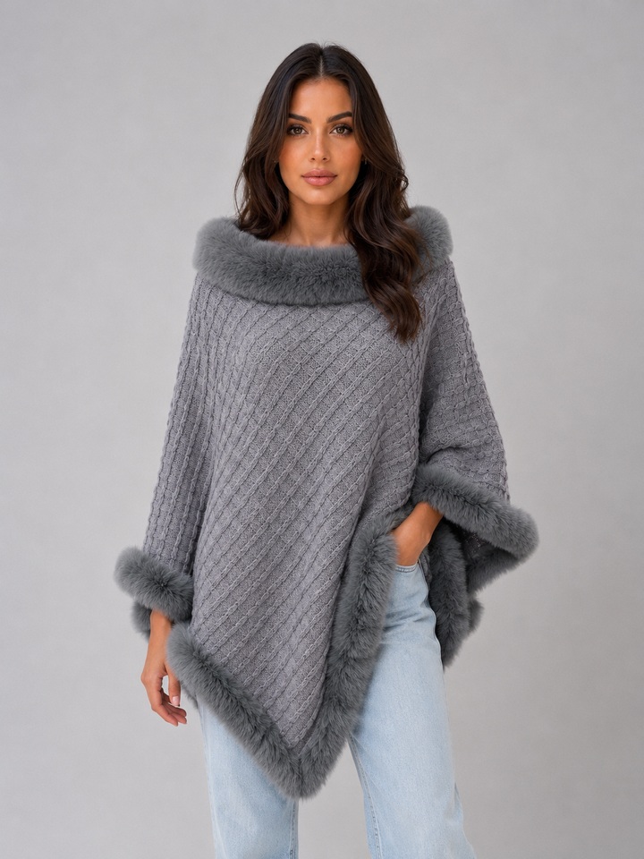 Knitted Poncho Cape for Women – Faux Fur Trim, Textured Knit, Wide Arm Openings