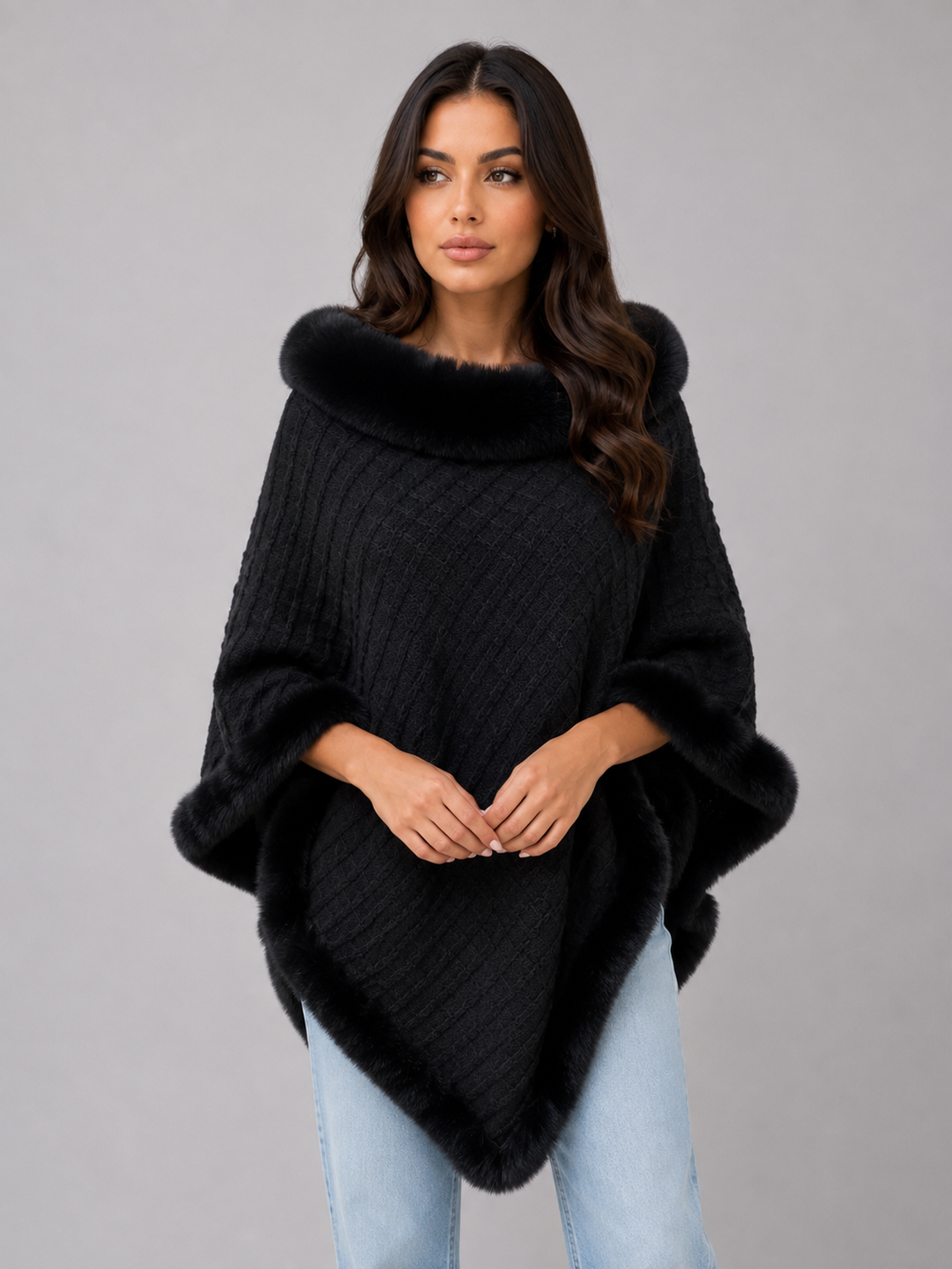Knitted Poncho Cape for Women – Faux Fur Trim, Textured Knit, Wide Arm Openings