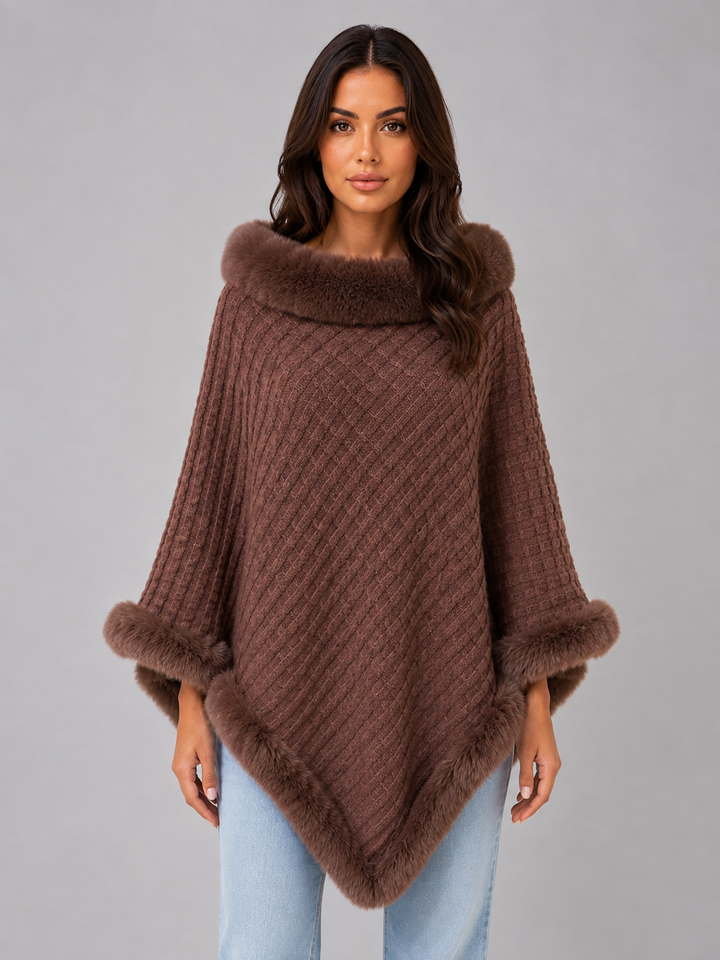 Knitted Poncho Cape for Women – Faux Fur Trim, Textured Knit, Wide Arm Openings