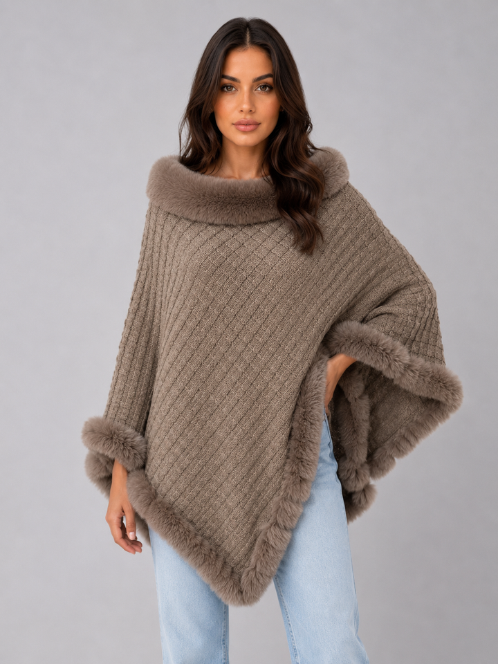 Knitted Poncho Cape for Women – Faux Fur Trim, Textured Knit, Wide Arm Openings
