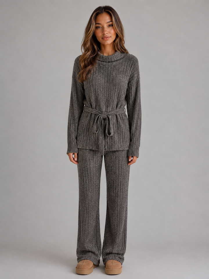 Textured Knit Two-Piece Set for Women – Roll Neck Sweater, Wide-Leg Pants in Gray