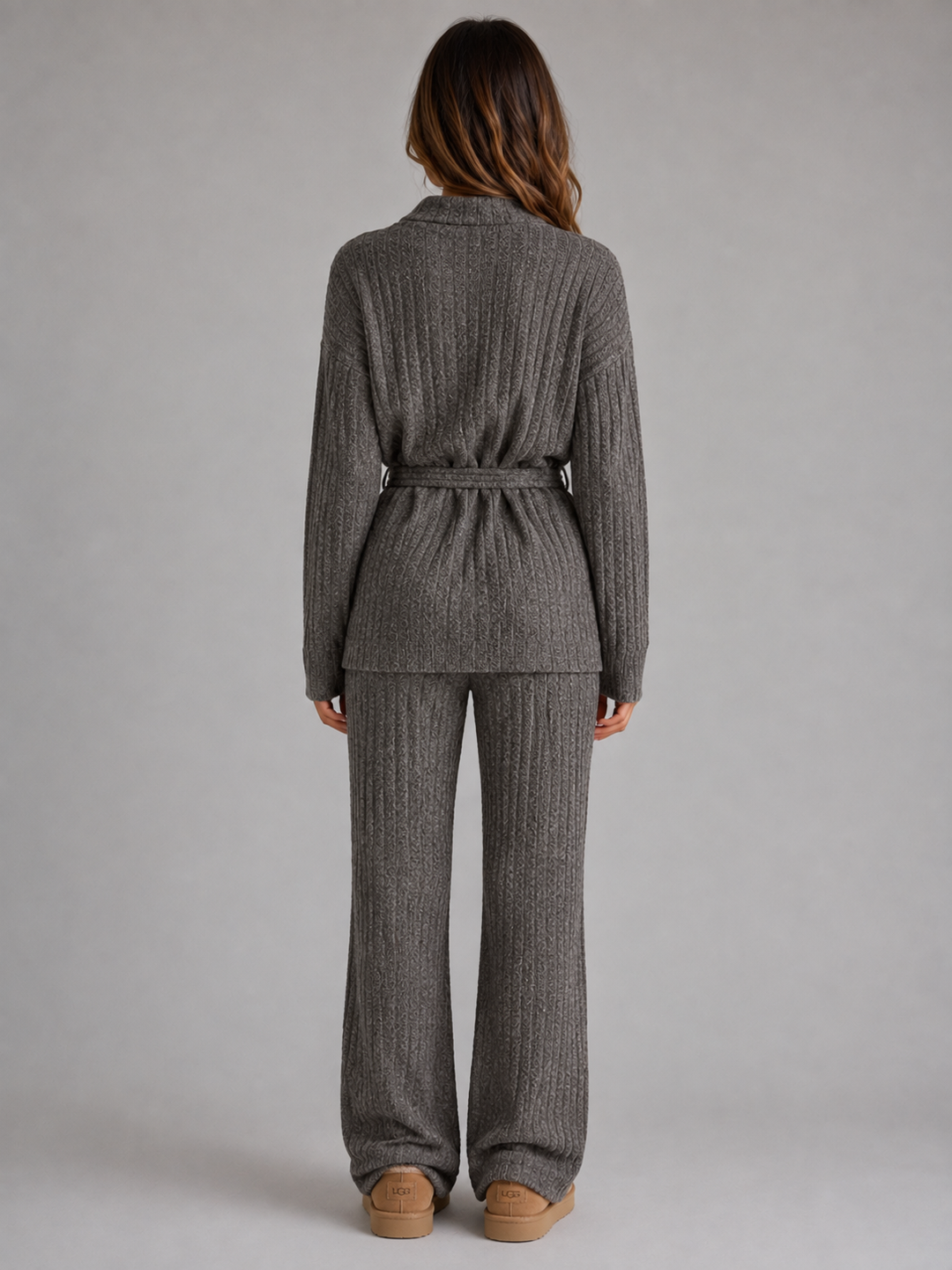 Textured Knit Two-Piece Set for Women – Roll Neck Sweater, Wide-Leg Pants in Gray