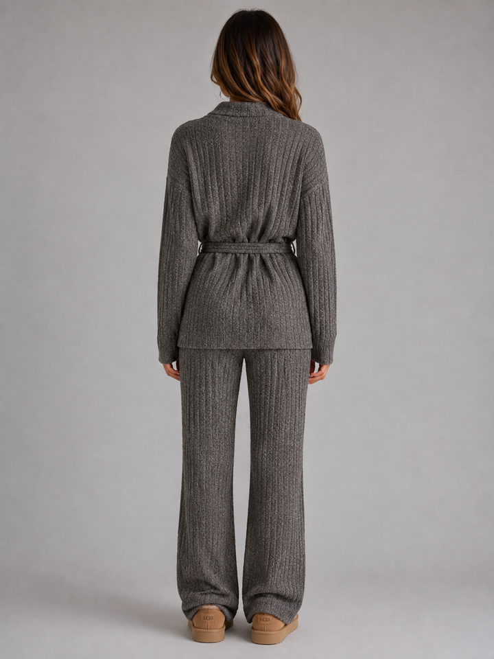 Textured Knit Two-Piece Set for Women – Roll Neck Sweater, Wide-Leg Pants in Gray