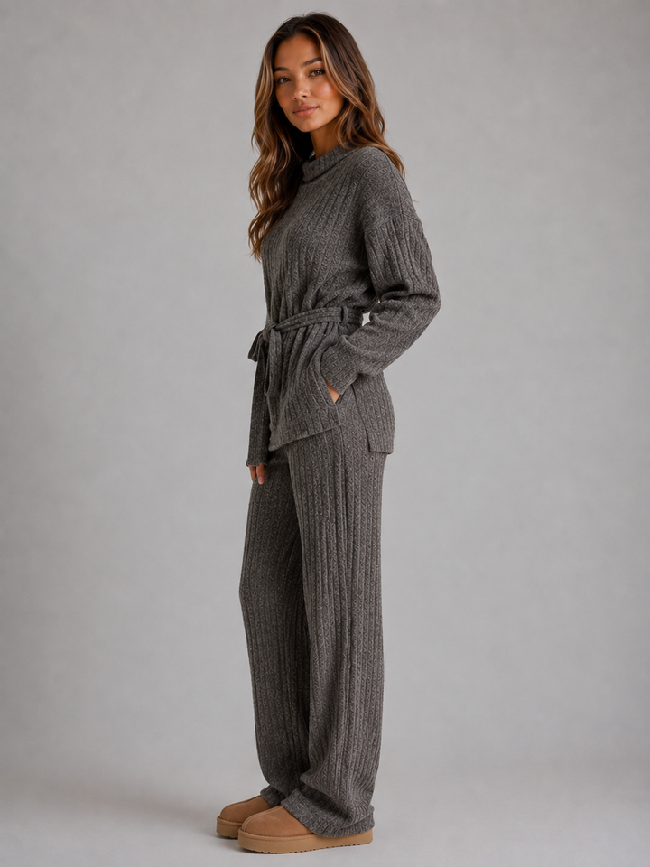 Textured Knit Two-Piece Set for Women – Roll Neck Sweater, Wide-Leg Pants in Gray