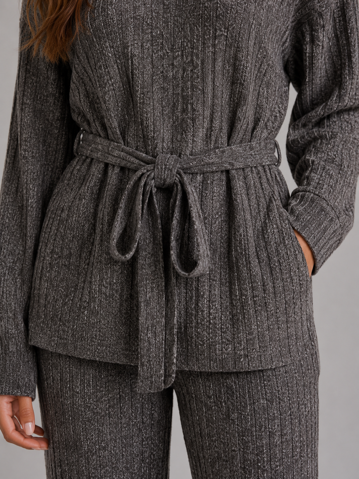 Textured Knit Two-Piece Set for Women – Roll Neck Sweater, Wide-Leg Pants in Gray