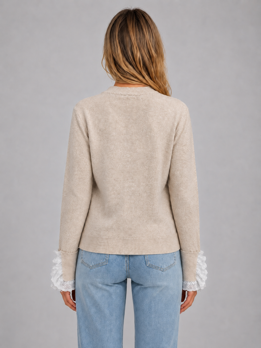 Lace Trim Knit Sweater for Women – Crew Neck, Buttoned Lace Cuffs in Beige