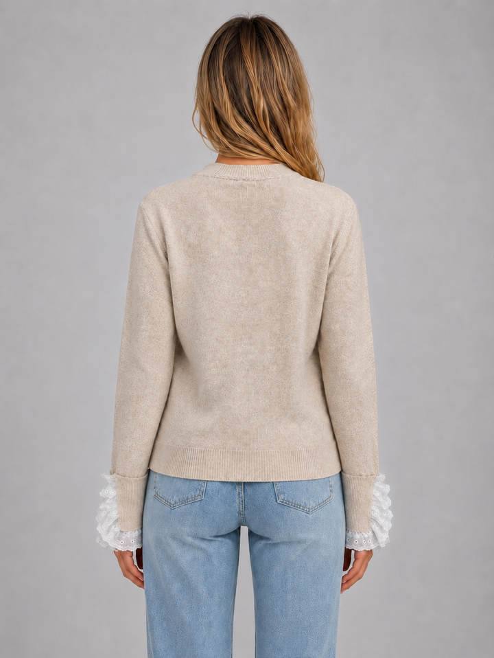 Lace Trim Knit Sweater for Women – Crew Neck, Buttoned Lace Cuffs in Beige