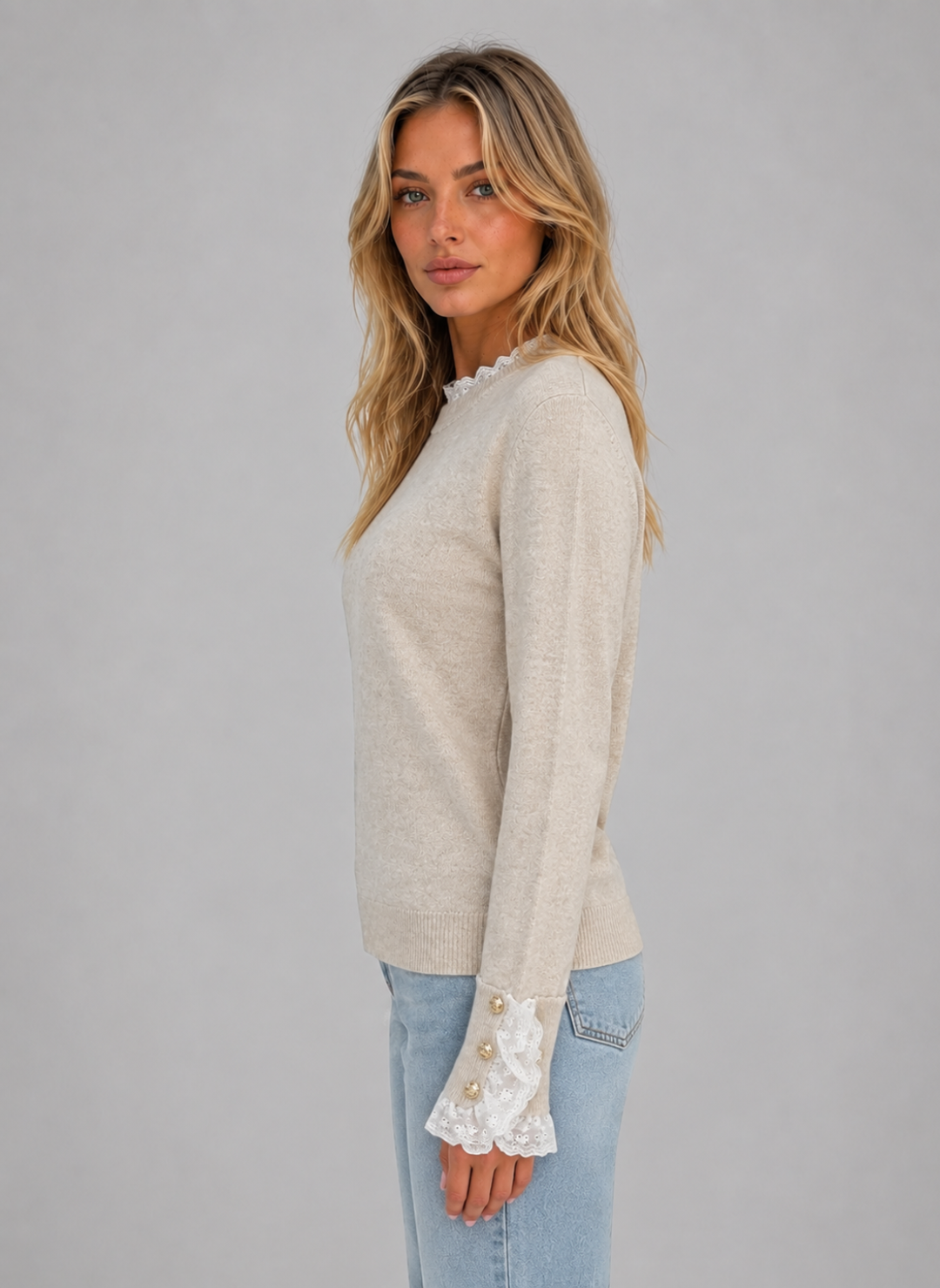 Lace Trim Knit Sweater for Women – Crew Neck, Buttoned Lace Cuffs in Beige